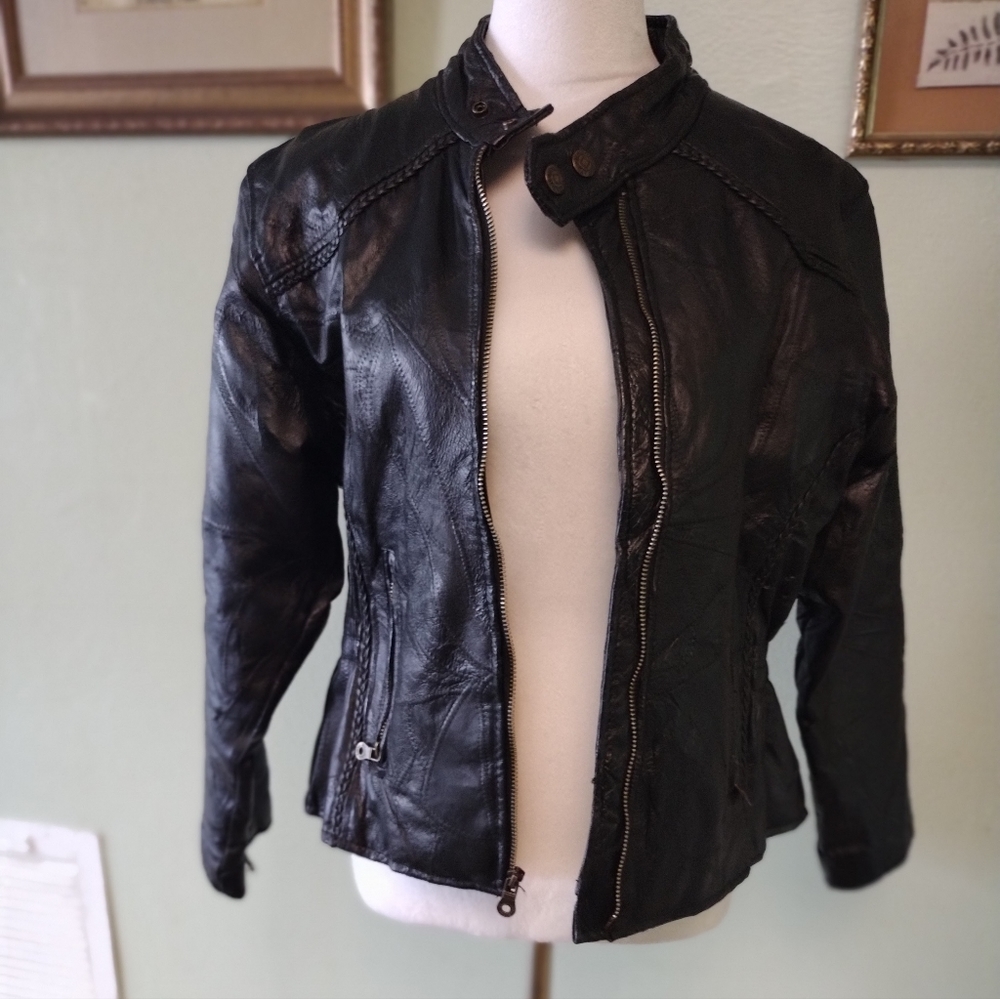 Diamond Plate Women Black Leather Jacket Size S